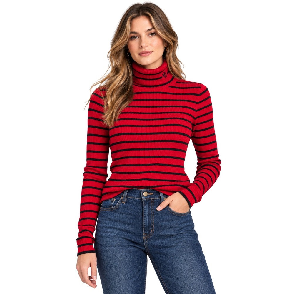 Lauren Ralph Lauren Turtleneck Sweater Medium Red Black Striped Ribbed Cotton